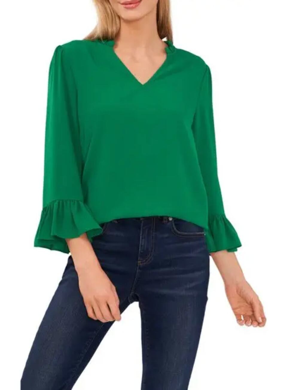 CECE Dupraz Ruffle Cuff Crepe Blouse Emerald Green Medium